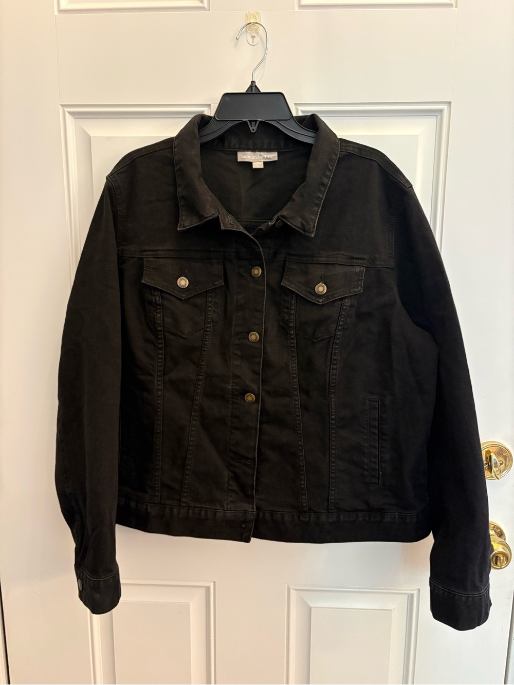 Woman Within Black Denim Jacket with Button Front